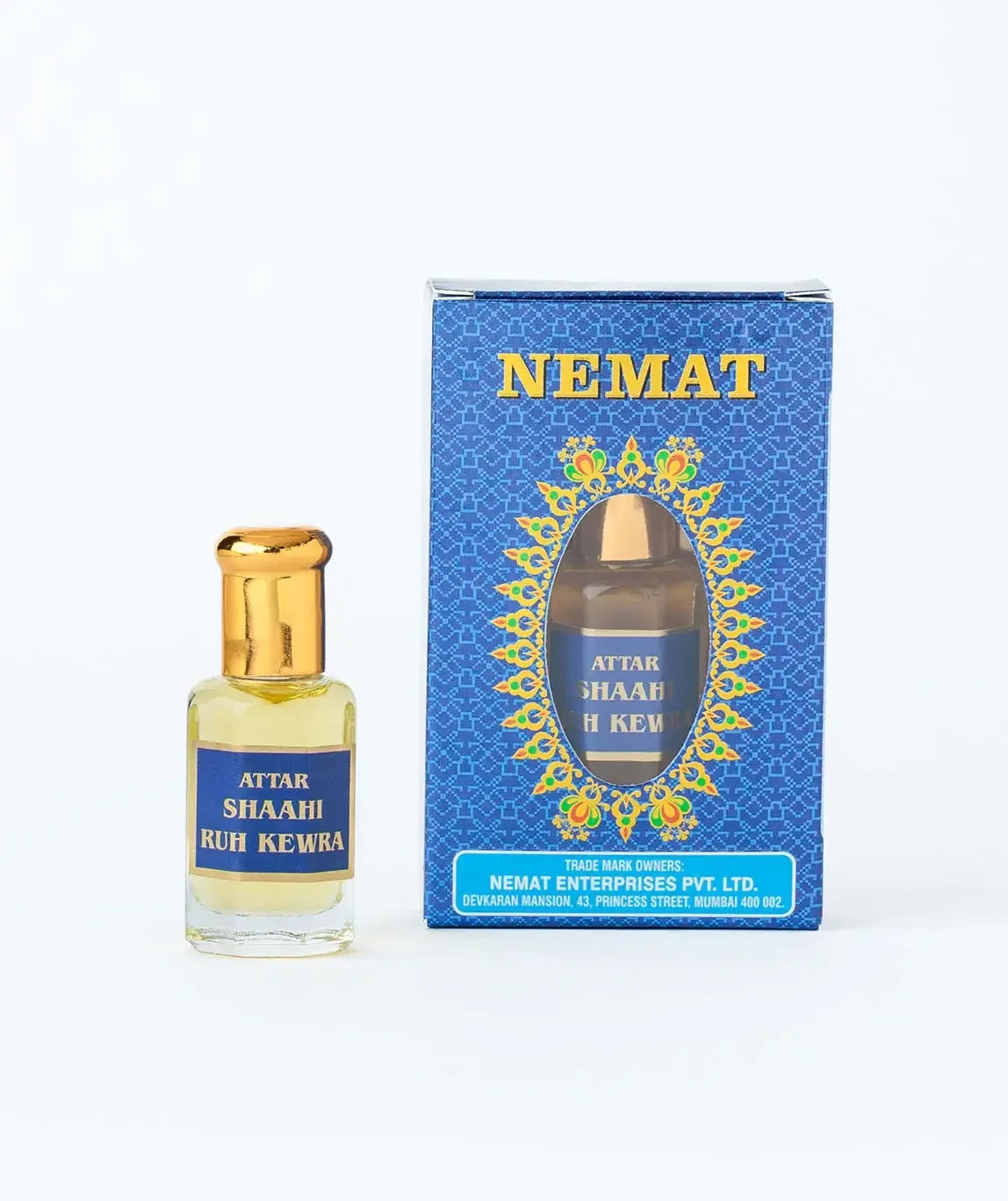 Attar Shaahi Ruh Kewra perfume bottle with gold cap and blue decorative box on white background