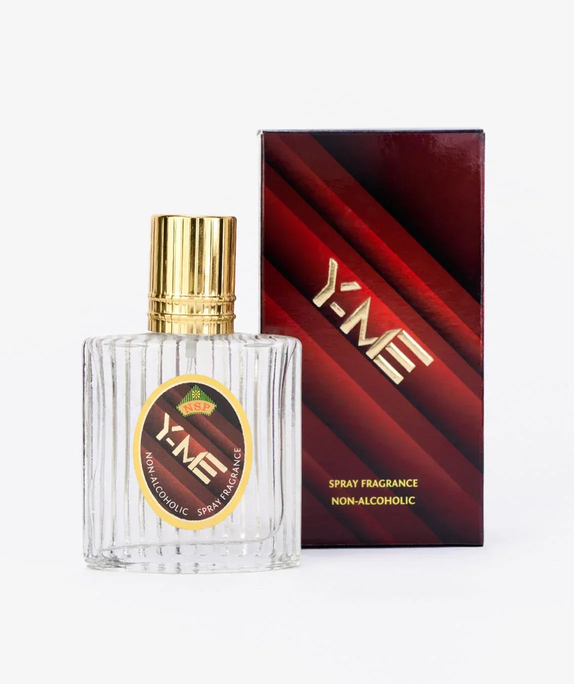 Y-ME non-alcoholic spray fragrance bottle with gold cap and matching box