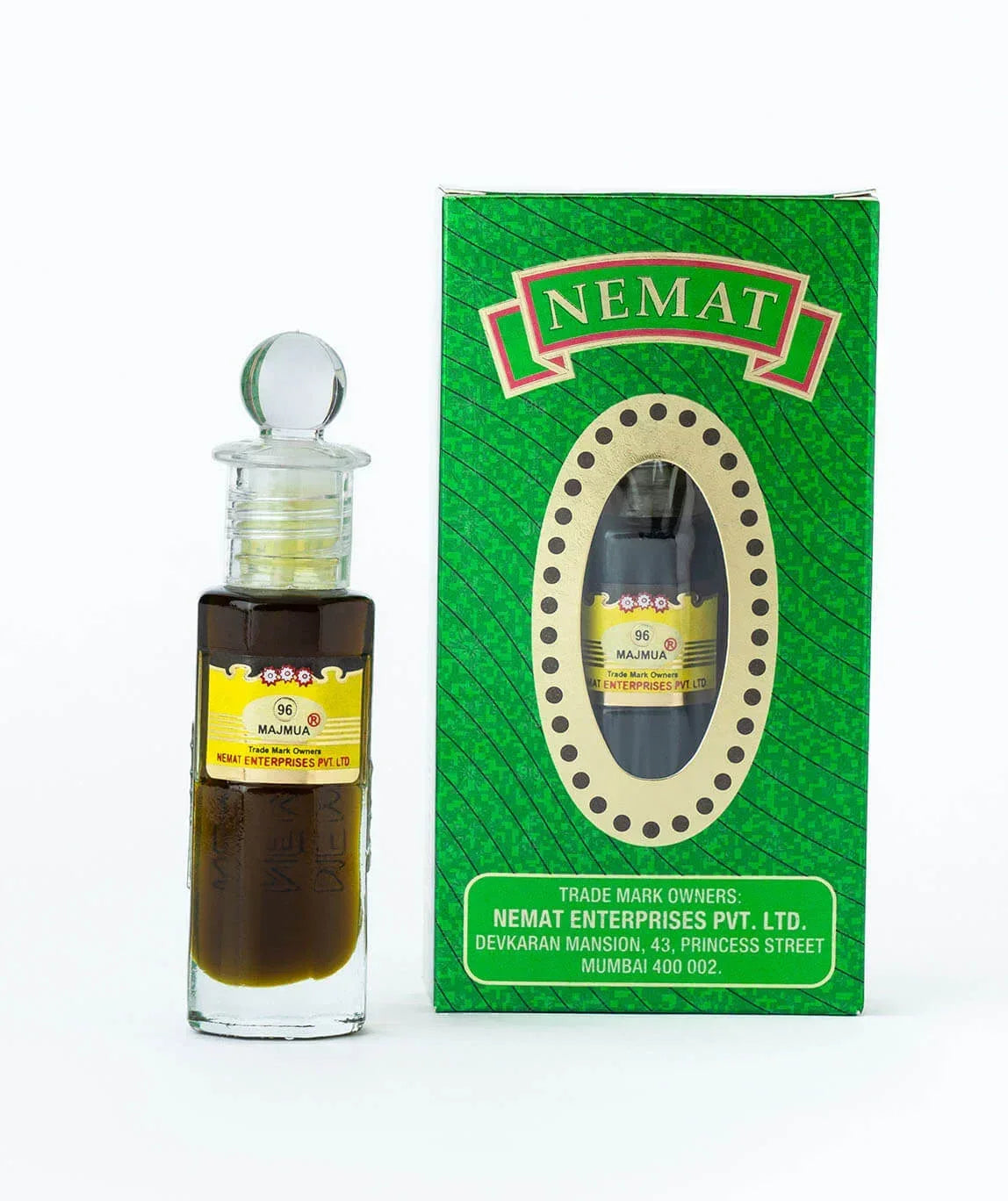 Majmua fragrance oil bottle with decorative box, glass stopper, green packaging