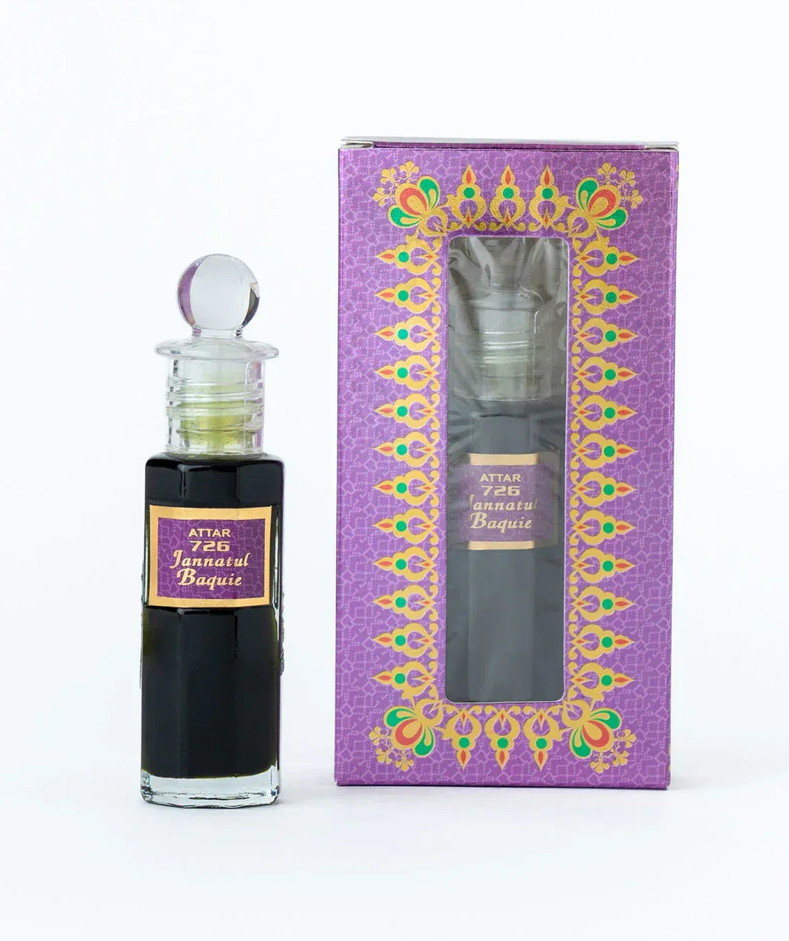 Jannatul Baqi attar oil bottle with decorative purple packaging, oriental perfume.