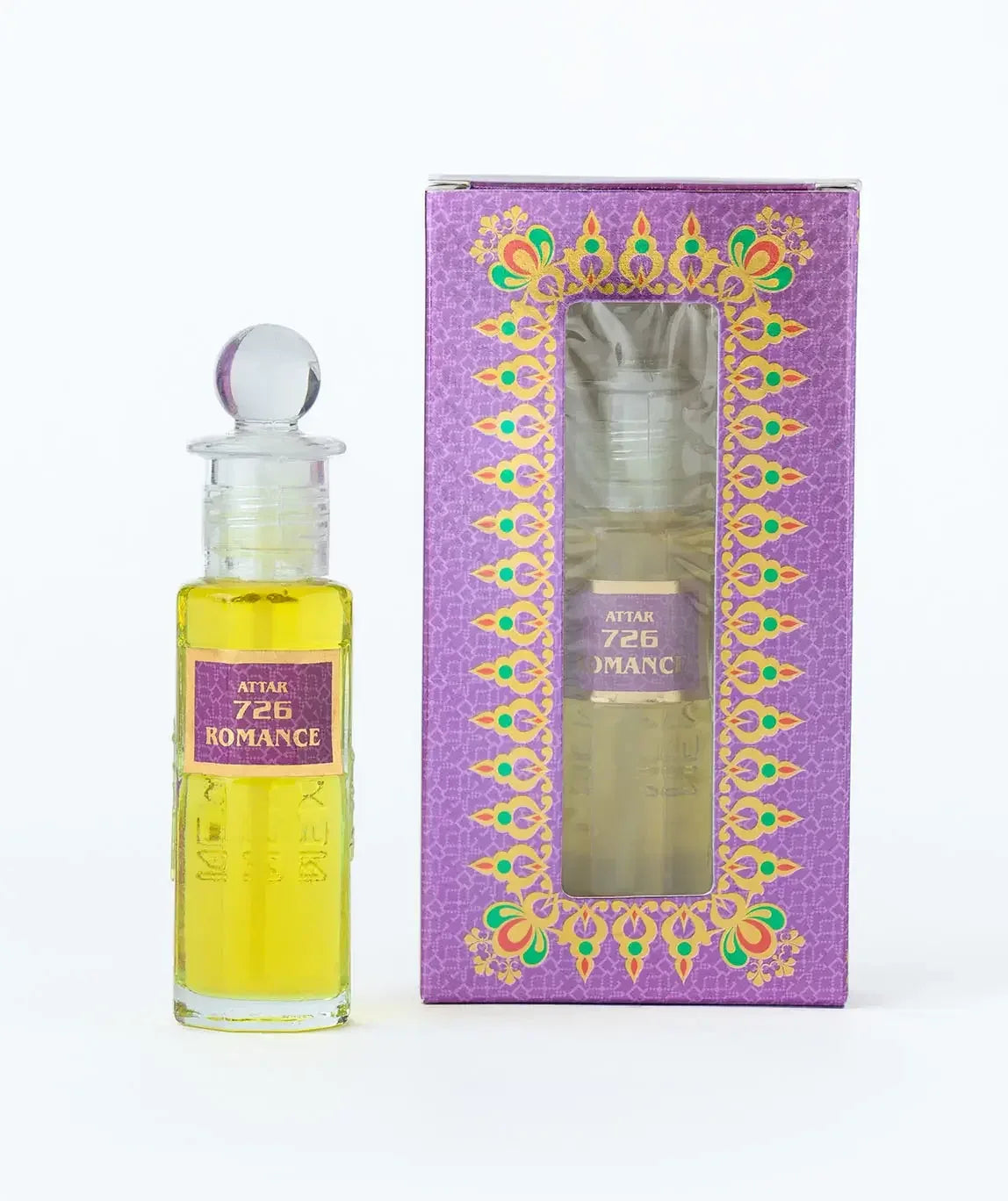 Attar 726 Romance perfume oil in glass bottle with decorative purple box