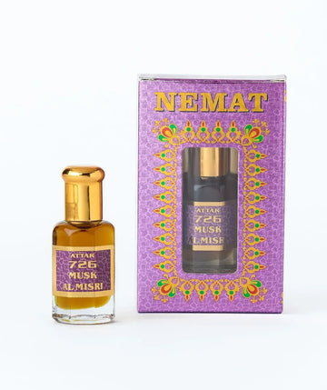 Attar 726 Musk Al Misri perfume oil bottle with purple and gold packaging