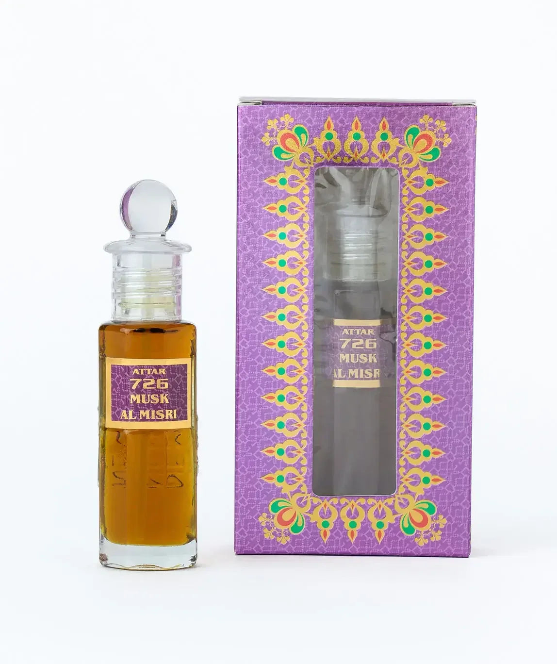 Attar 726 Musk Al Misri perfume oil bottle with ornate purple box
