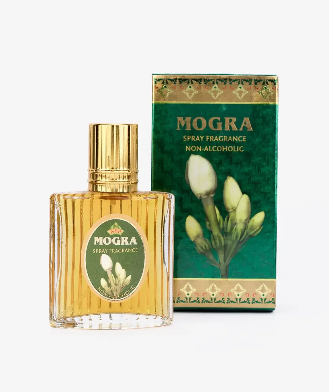 Mogra non-alcoholic spray fragrance bottle and green packaging with white jasmine flowers