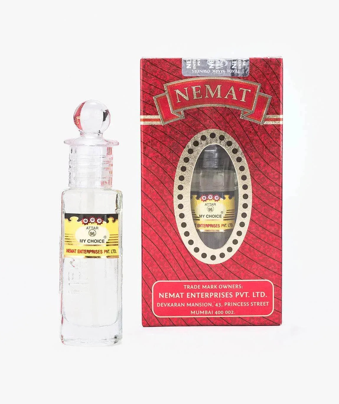 Attar 96 My Choice perfume oil bottle with matching red packaging, clear glass and label visible