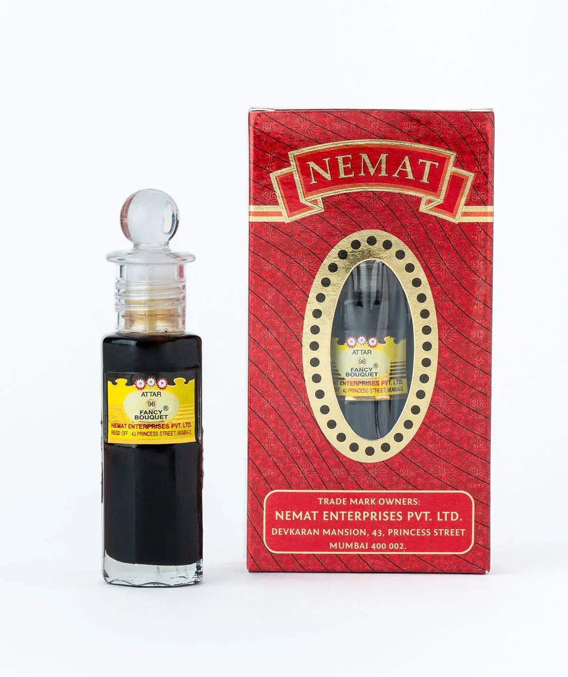Attar 96 Fancy Bouquet perfume oil in glass bottle with red decorative box packaging