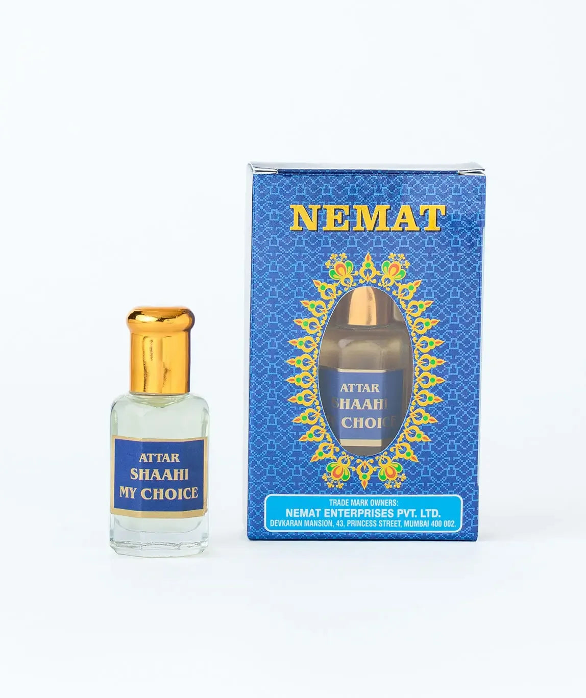 Attar Shaahi My Choice perfume oil bottle with gold cap and decorative blue packaging