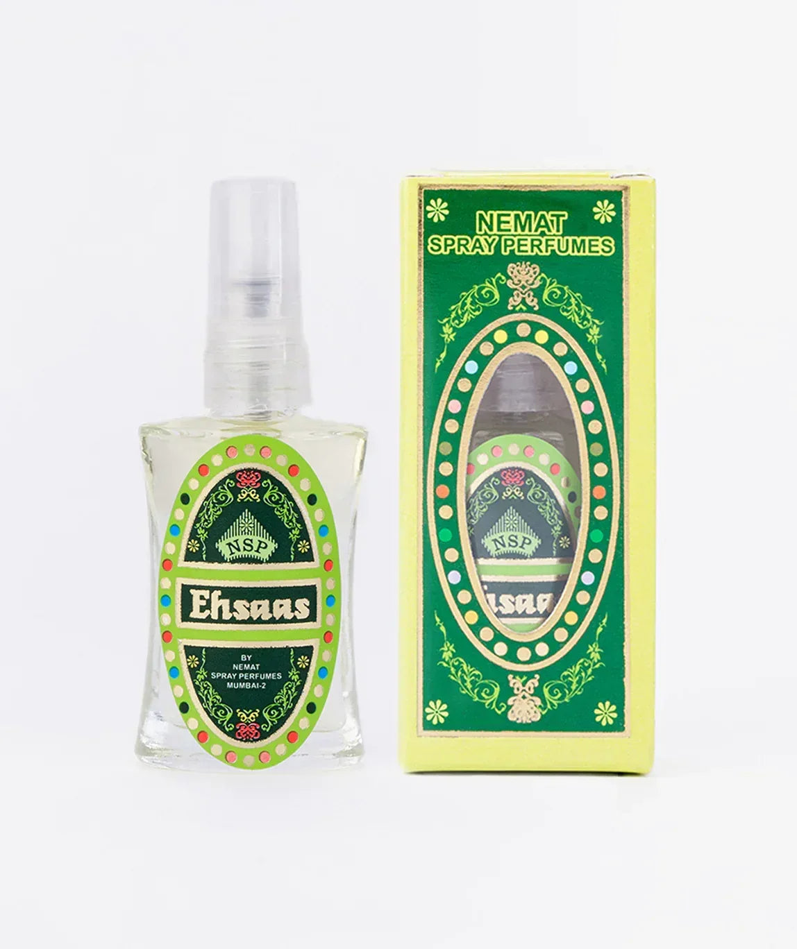 Ehsaas spray perfume bottle with green and gold packaging, Nemat Spray Perfumes variant