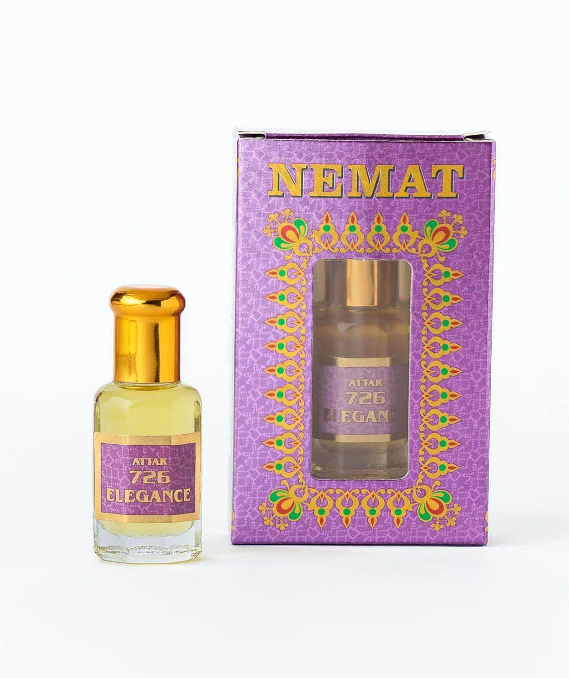 Attar 726 Elegance perfume oil bottle with gold cap and ornate purple packaging