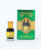 Ruh Khus attar perfume bottle with gold cap and its green and gold box packaging