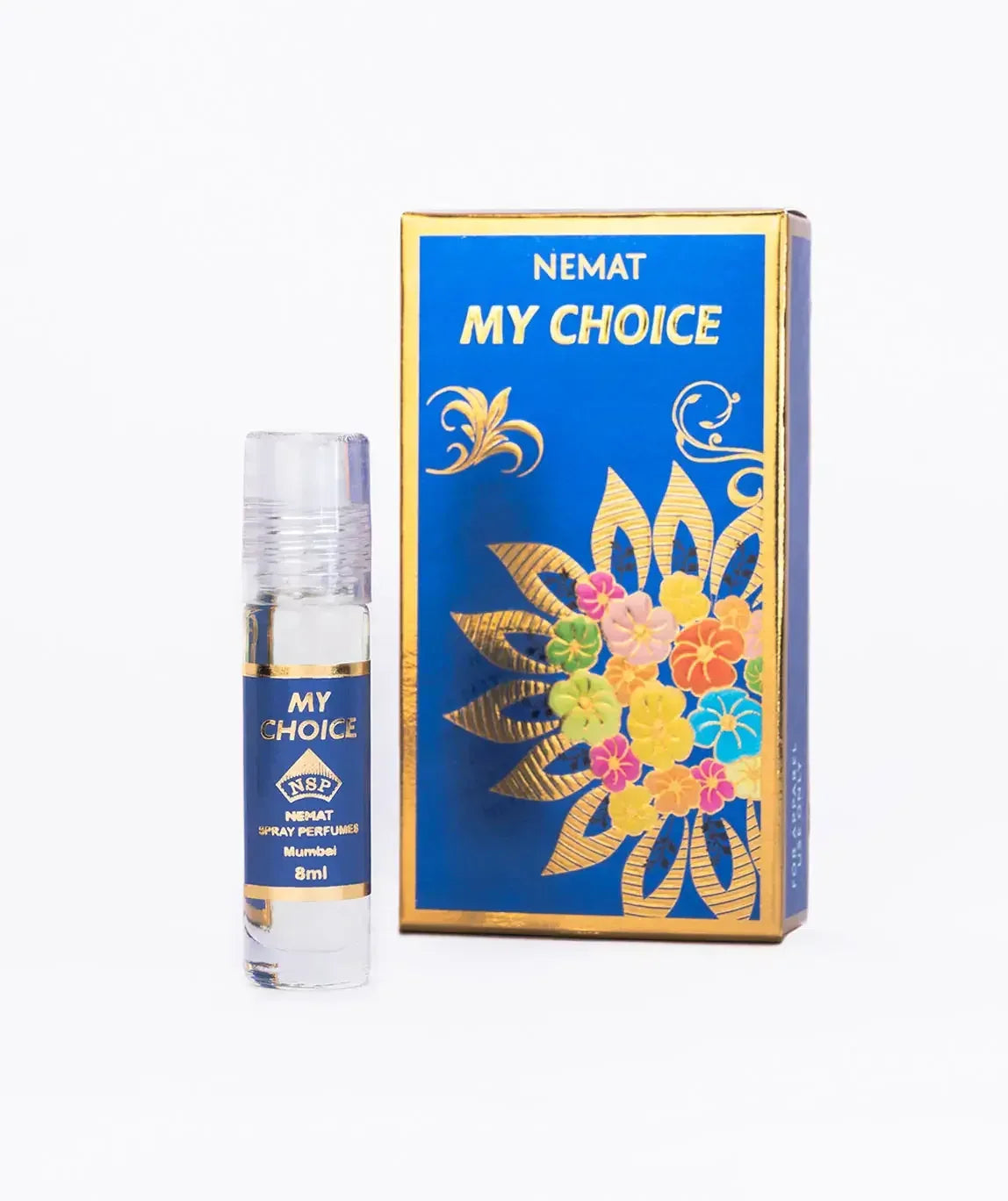 Nemat My Choice perfume spray 8ml with blue floral box on white background
