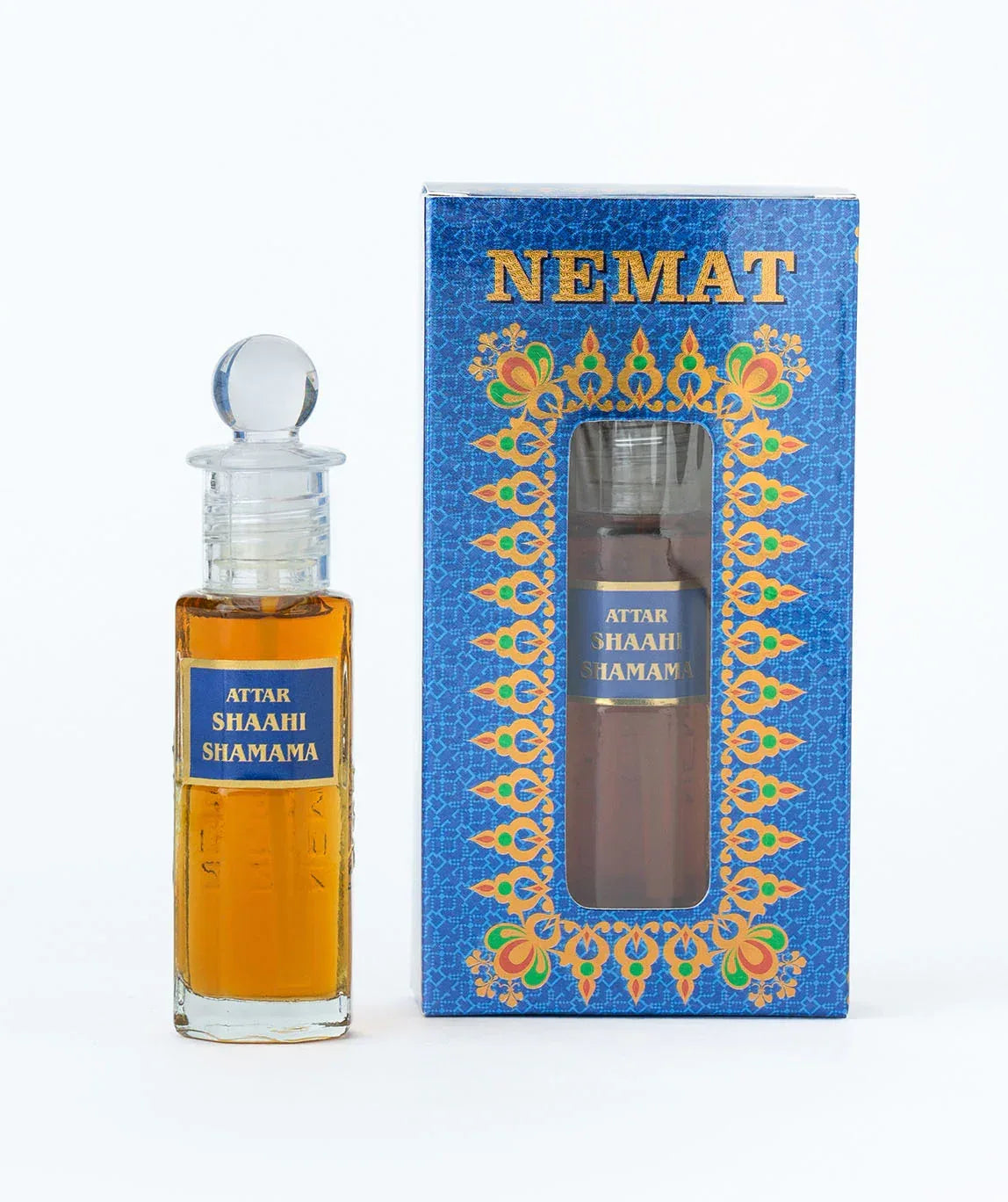 Attar Shaahi Shamama perfume oil bottle with decorative blue packaging