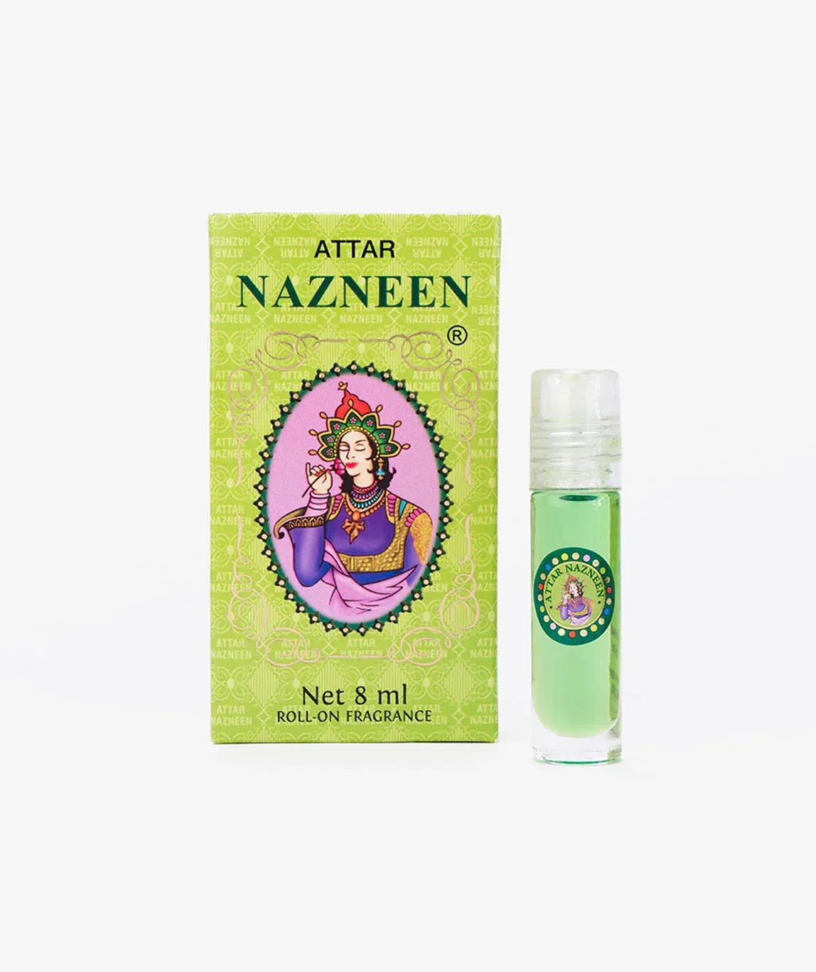 Attar Nazneen roll-on fragrance 8ml with green box and illustrated woman, perfume bottle