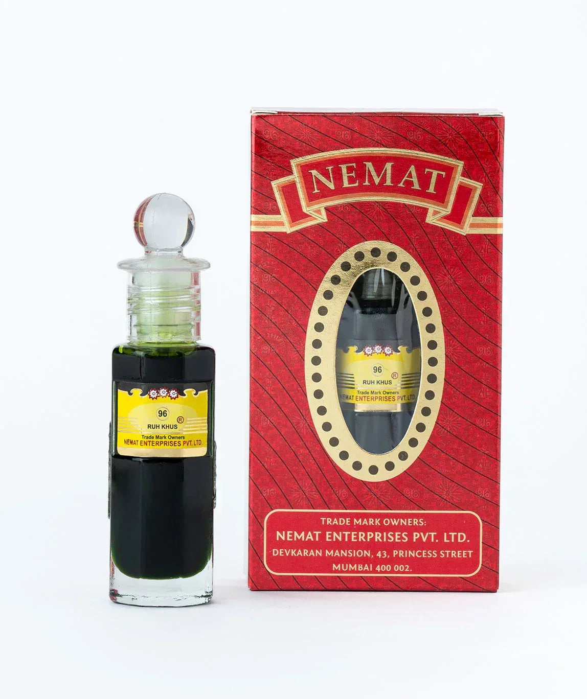 Ruh Khus attar fragrance oil in clear glass bottle with red and gold packaging box