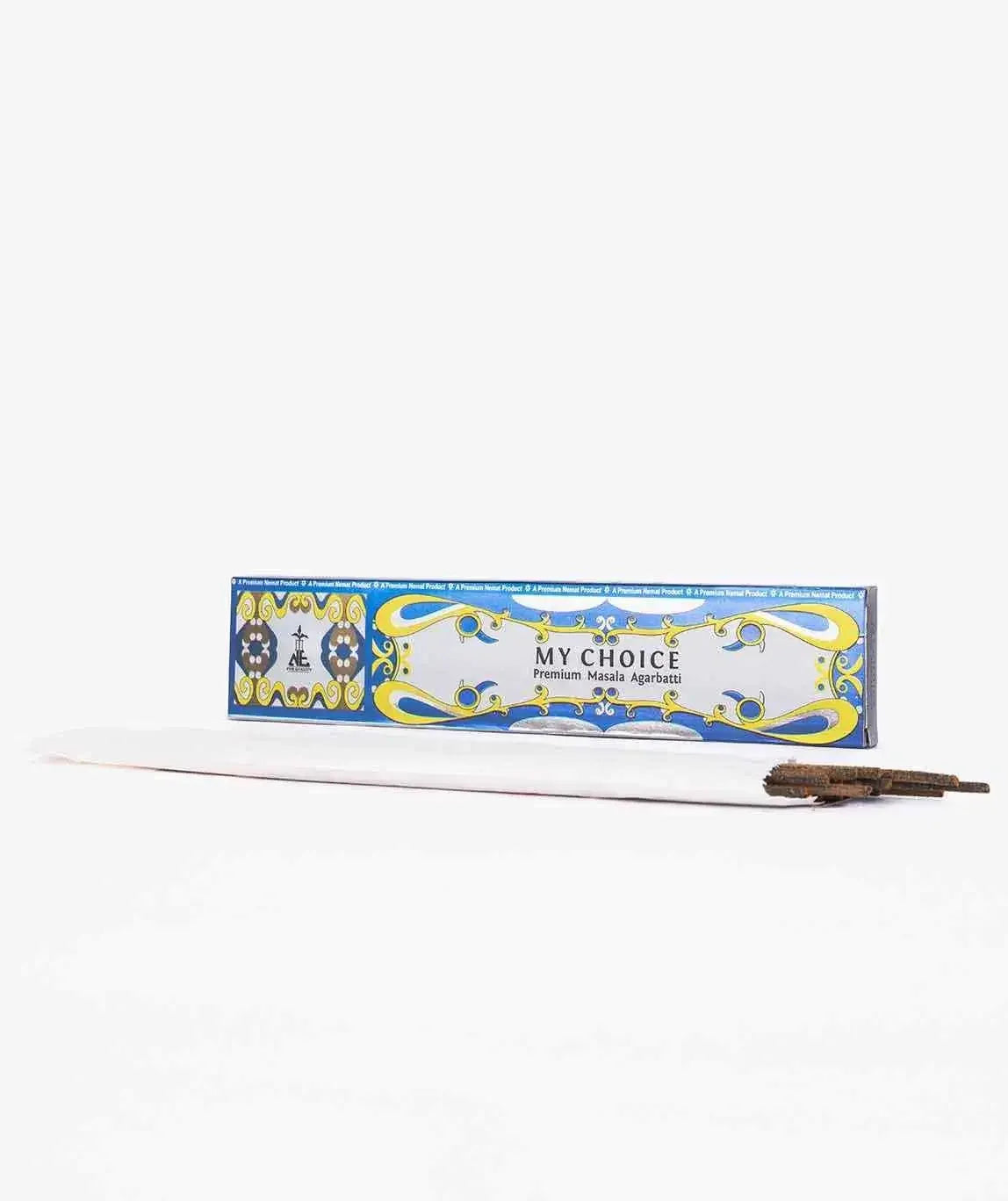 My Choice Premium Masala Agarbatti incense sticks with decorative blue and yellow box