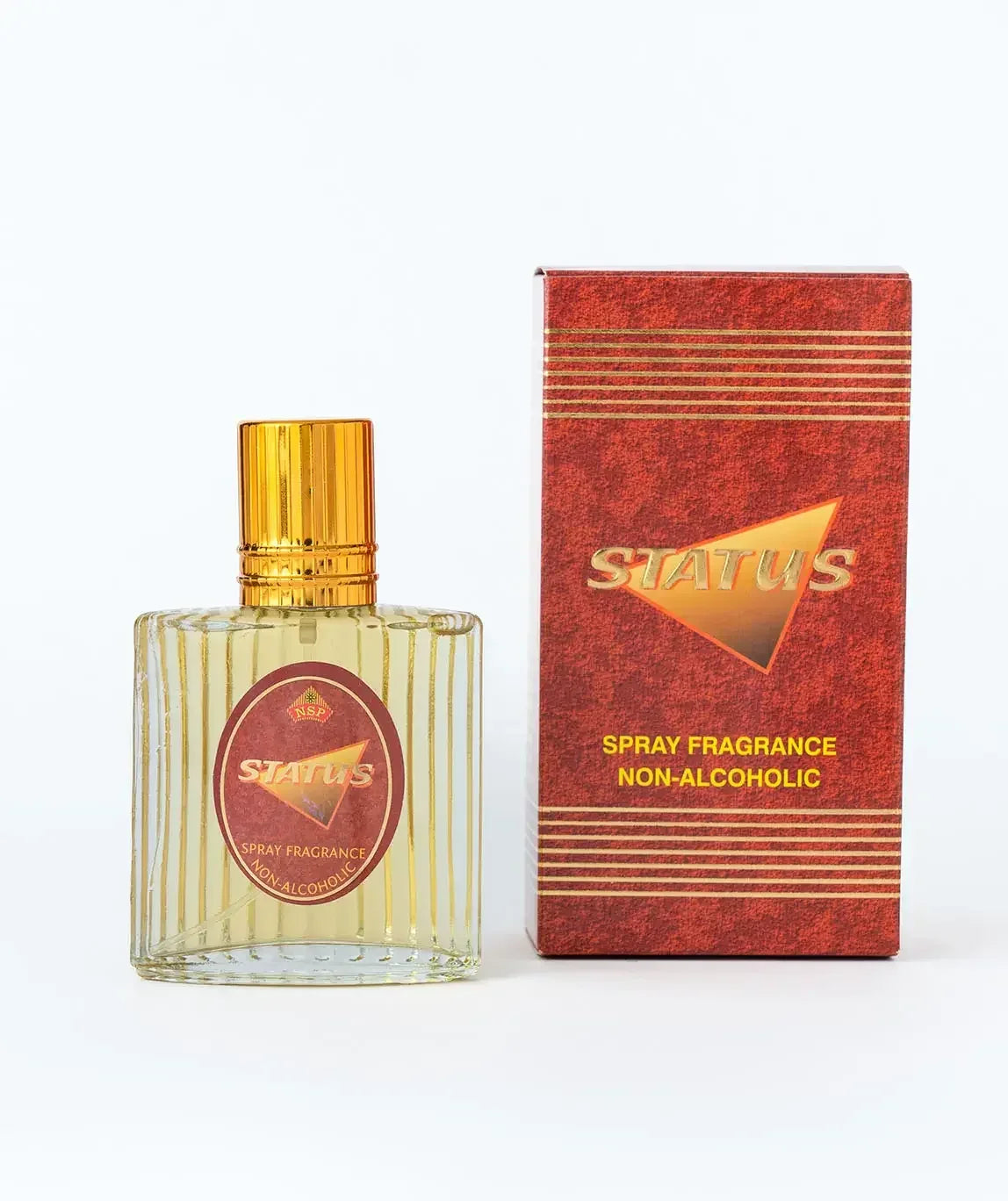 Status non-alcoholic spray fragrance bottle with matching red and gold box on white background