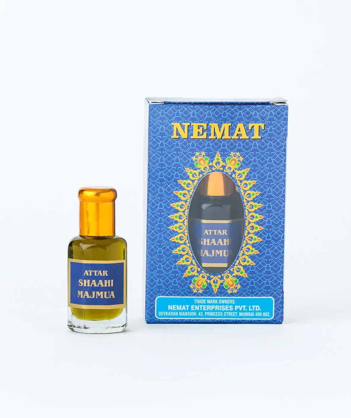 Attar Shaahi Majmua perfume oil bottle with decorative blue packaging box