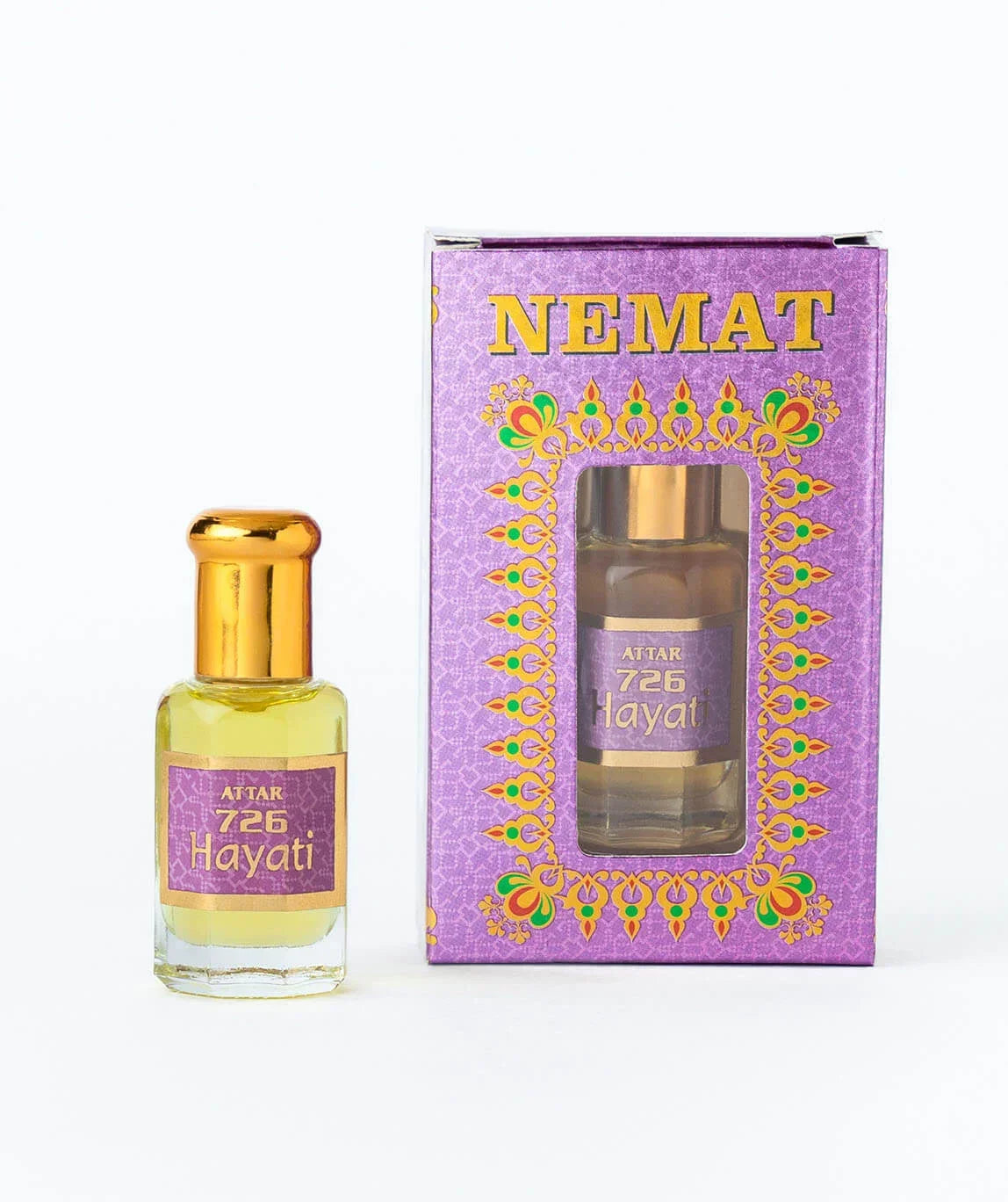 Attar 726 Hayati perfume oil bottle and purple decorative packaging with gold cap