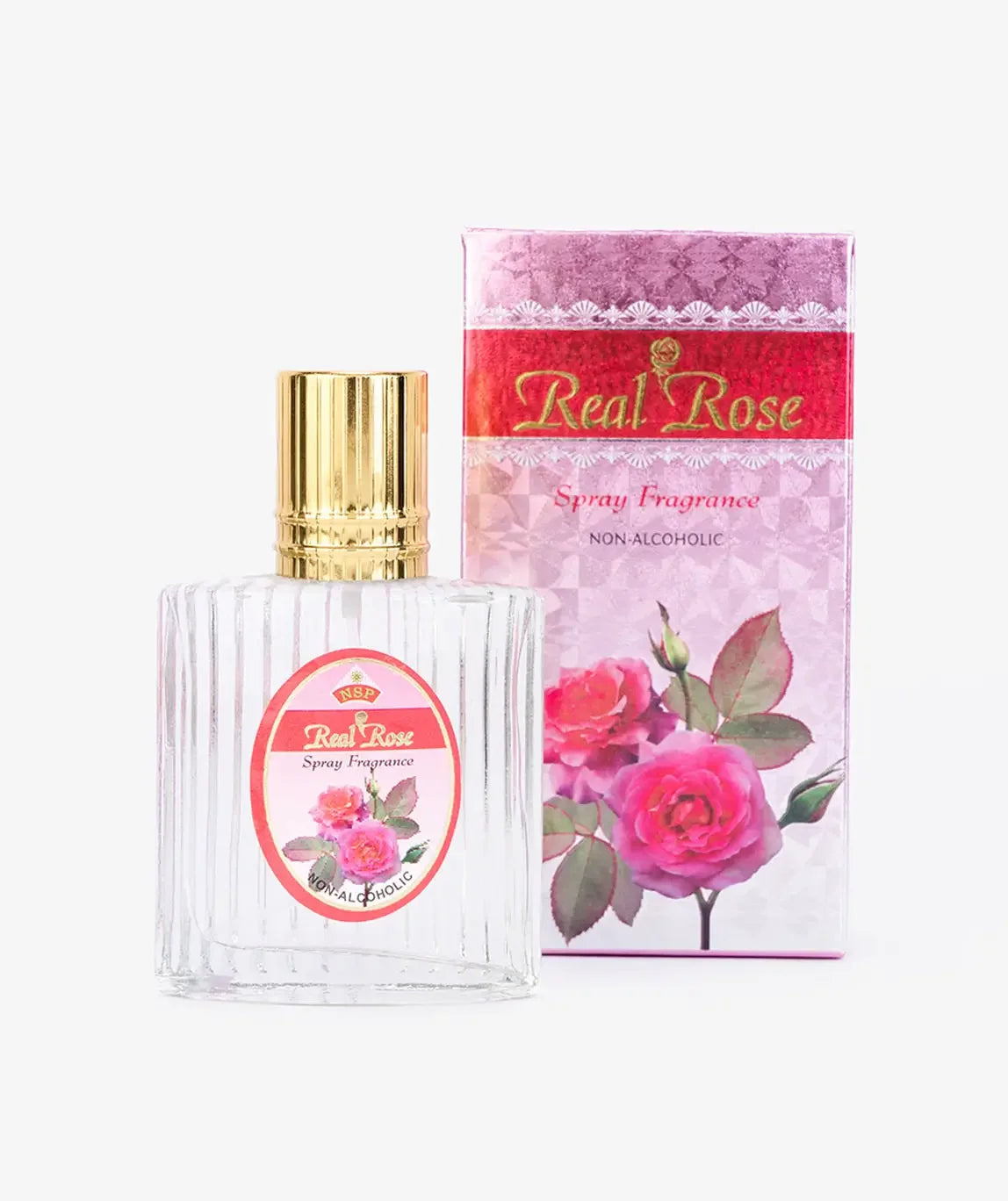 Real Rose non-alcoholic spray fragrance bottle with gold cap and floral packaging