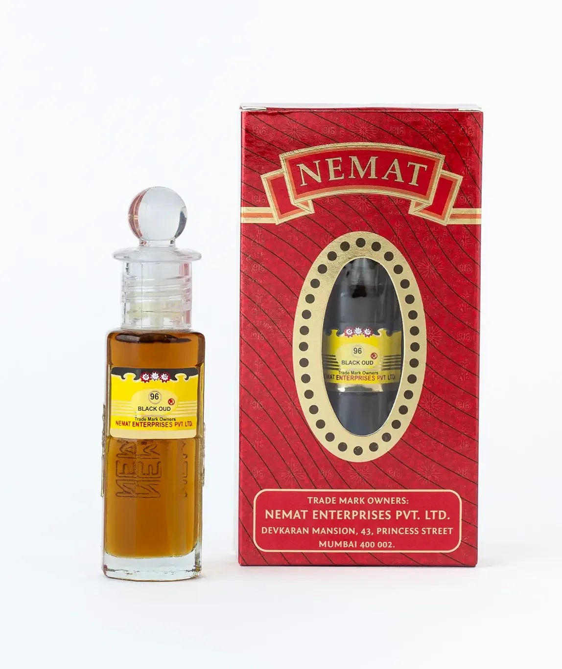Black Oud perfume oil in a glass bottle with a red and gold box packaging