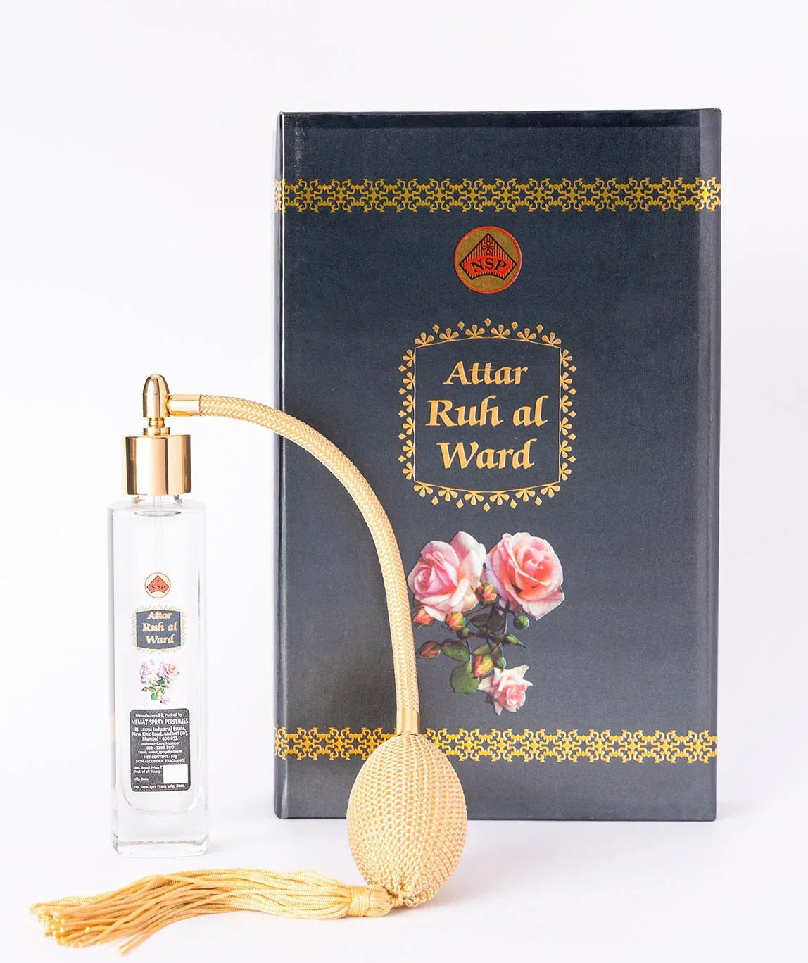 Attar Ruh al Ward natural spray perfume bottle with gold atomizer and decorative floral box