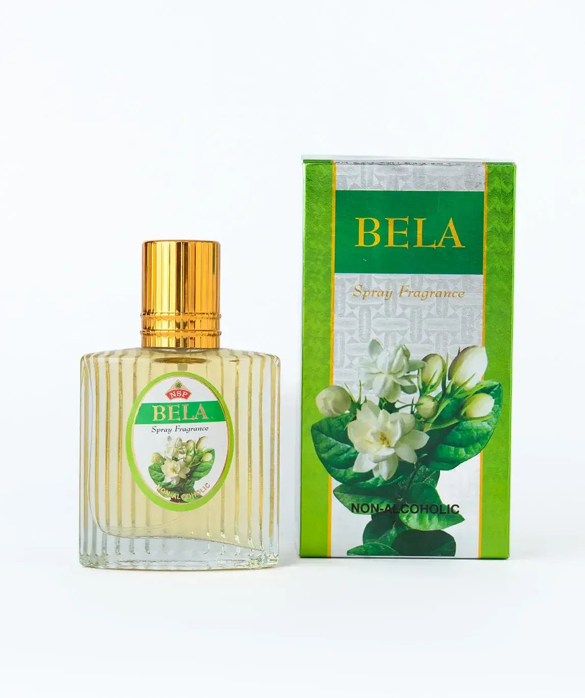 Bela spray fragrance bottle with gold cap next to green floral box, jasmine scent, non-alcoholic