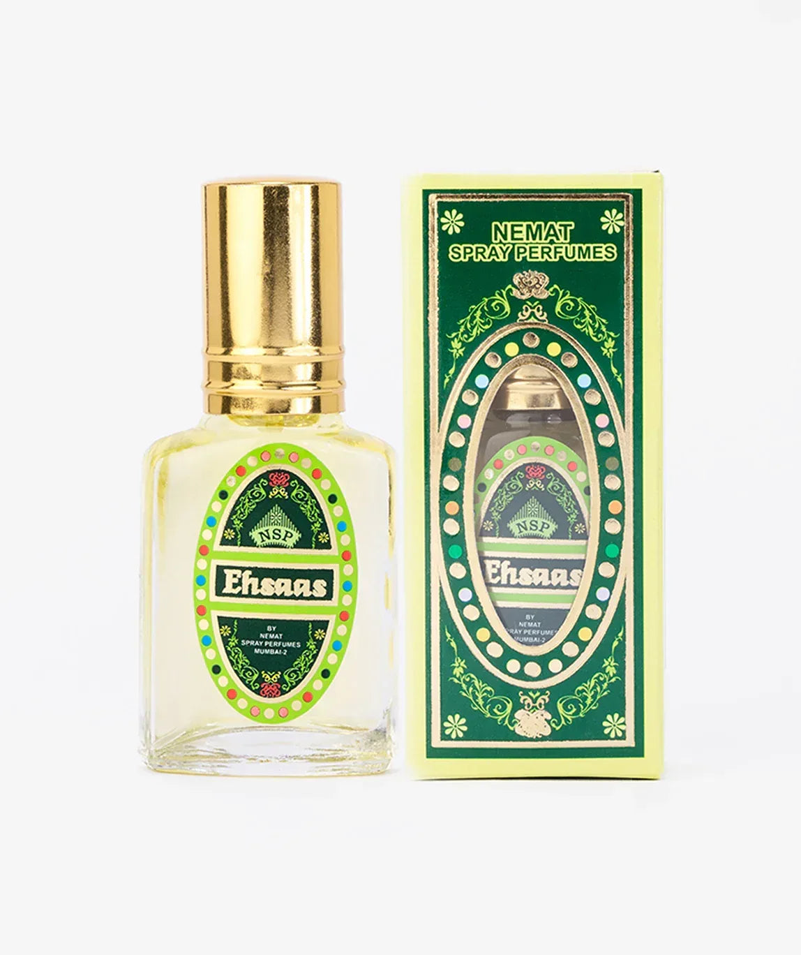 Ehsaas spray perfume bottle with gold cap and green decorative box