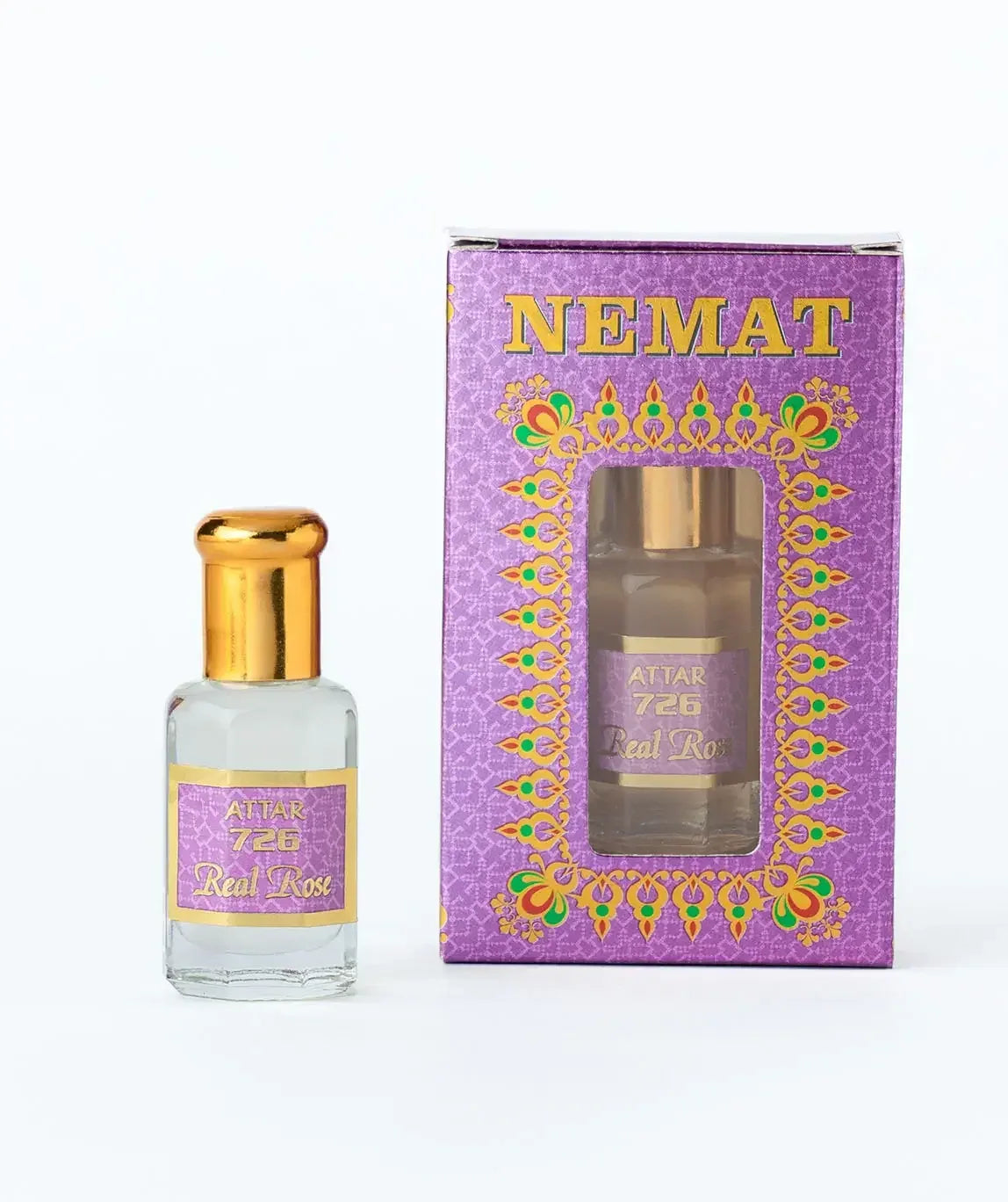 Attar 726 Real Rose perfume oil bottle with gold cap and decorative purple box