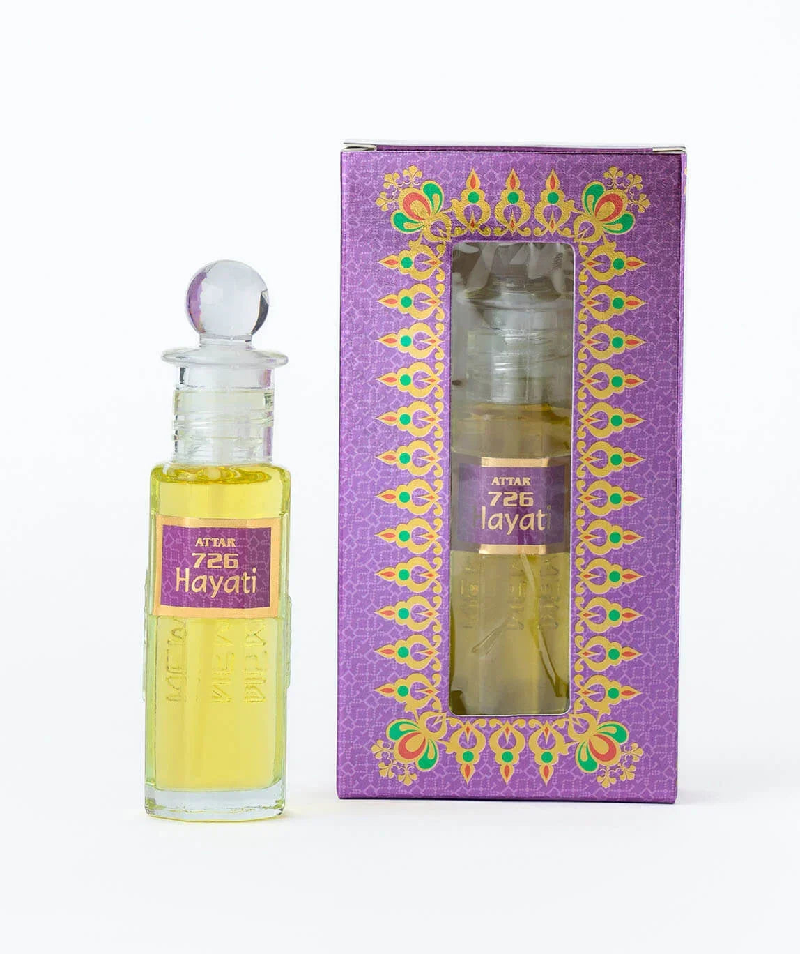 Attar 726 Hayati perfume oil bottle with decorative purple box