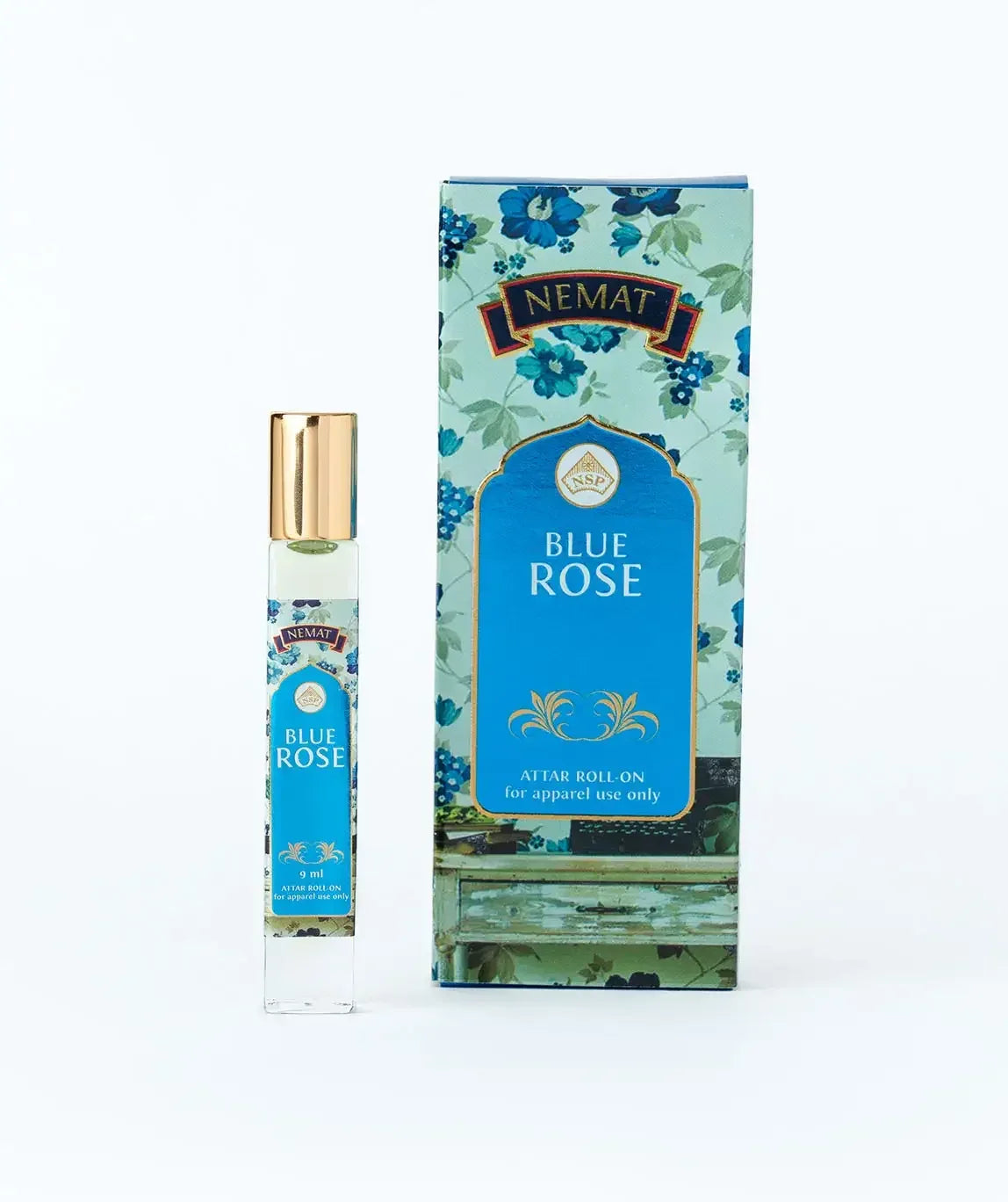 Blue Rose attar roll-on perfume with gold cap and floral packaging, 9ml bottle