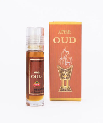 Attar OUD concentrated perfume oil bottle with matching decorative box on white background