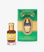 Musk Amber perfume oil bottle with gold cap and matching green and gold box packaging