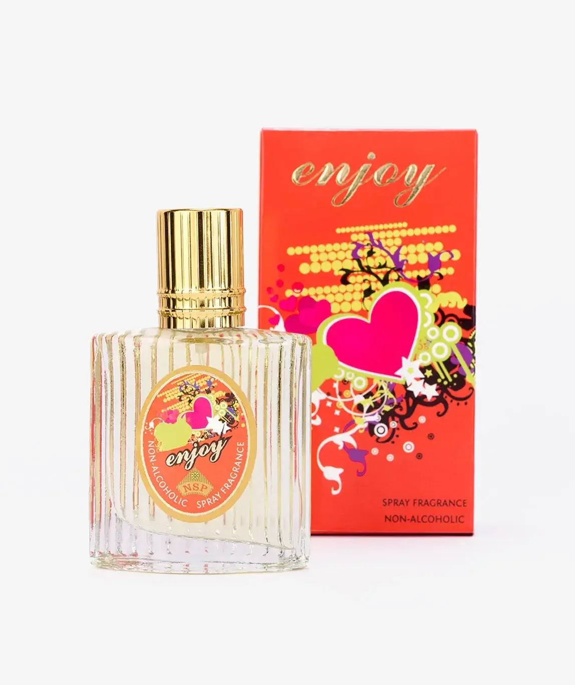 Non-alcoholic spray fragrance bottle with gold cap and colorful heart-themed box