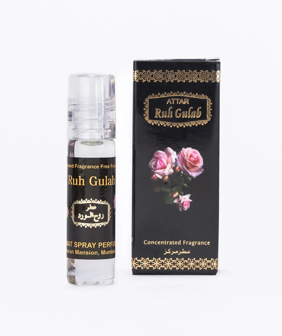 Ruh Gulab attar perfume spray with black and gold box featuring pink roses