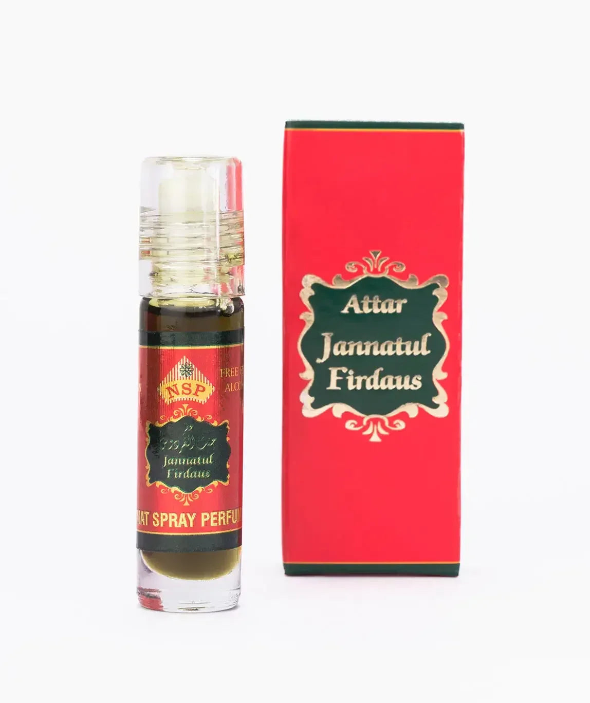 Attar Jannatul Firdaus perfume oil bottle with matching red and green box on white background
