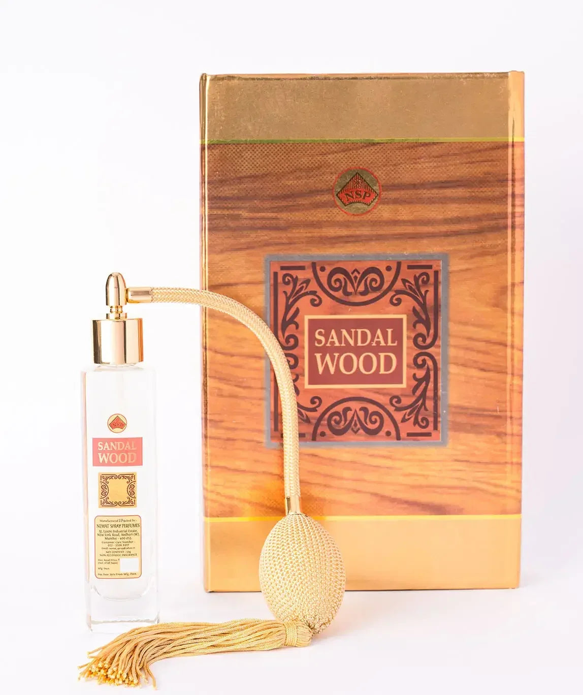 Sandalwood spray perfume bottle with gold atomizer and matching wood-themed gift box