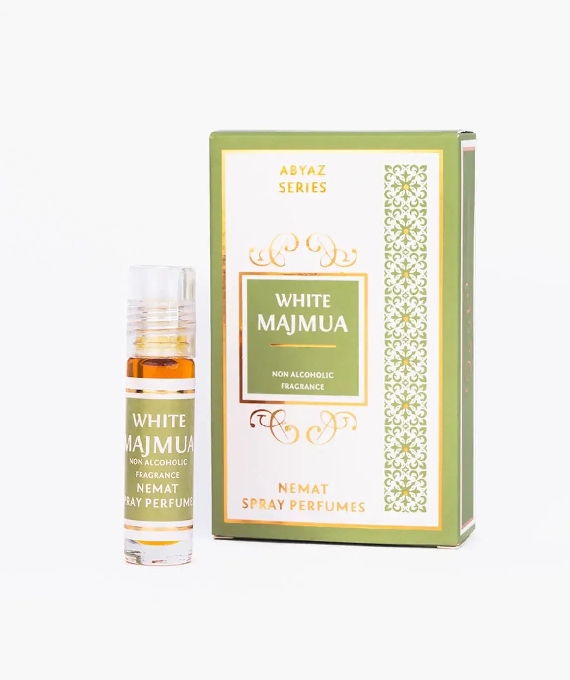 White Majmua non-alcoholic spray perfume bottle and box with green and gold design