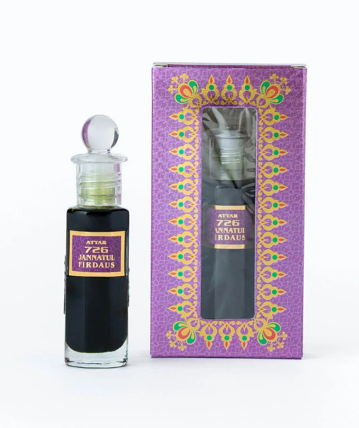 Attar 726 Jannatul Firdaus perfume oil in glass bottle with purple decorative box
