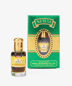 Majmua attar perfume oil bottle with green and gold packaging, gold cap, front view