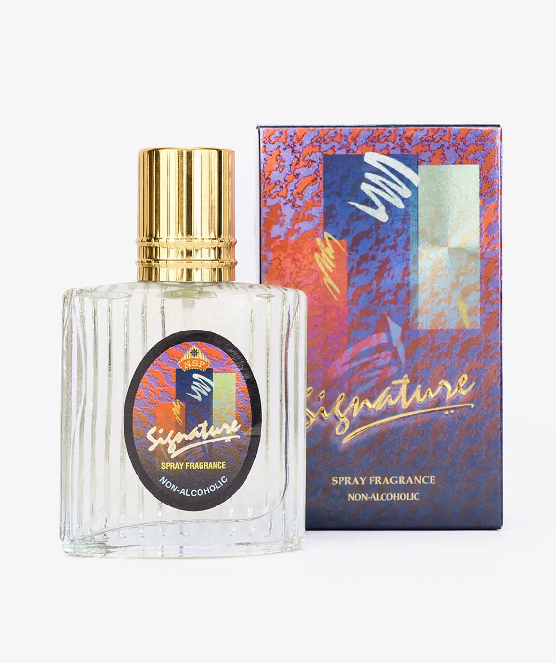 Signature non-alcoholic spray fragrance bottle with gold cap and colorful box packaging