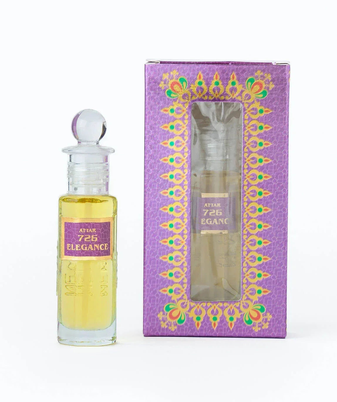 Attar 726 Elegance perfume oil in glass bottle with ornate purple box