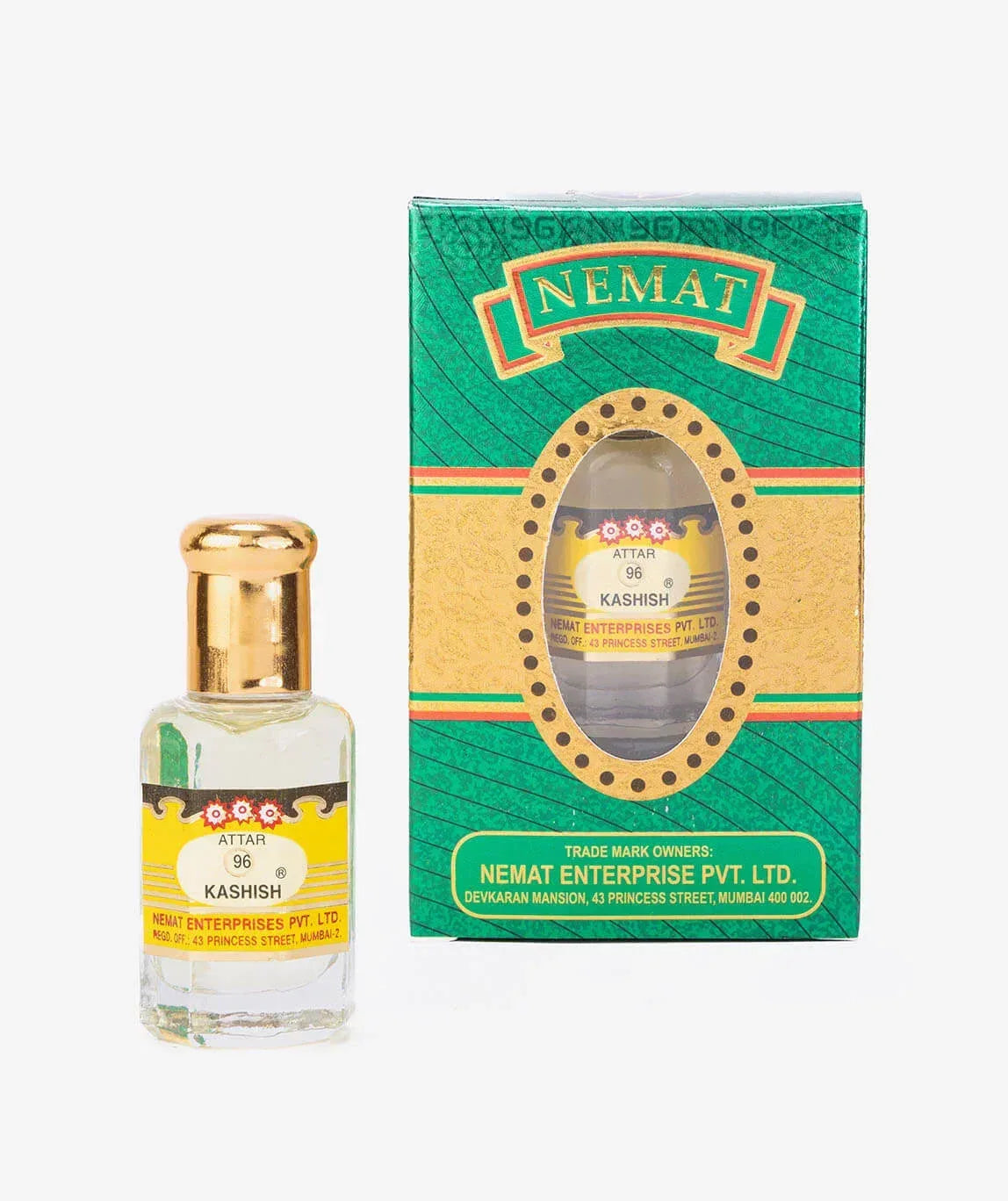 Kashish attar perfume bottle with gold cap and matching decorative box