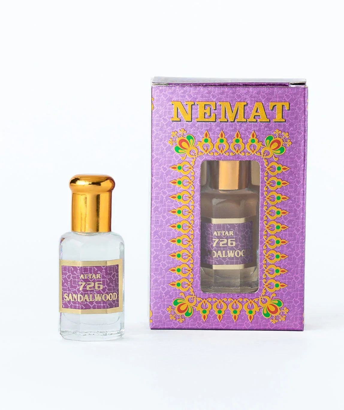 Attar 726 Sandalwood perfume oil bottle with matching purple and gold packaging
