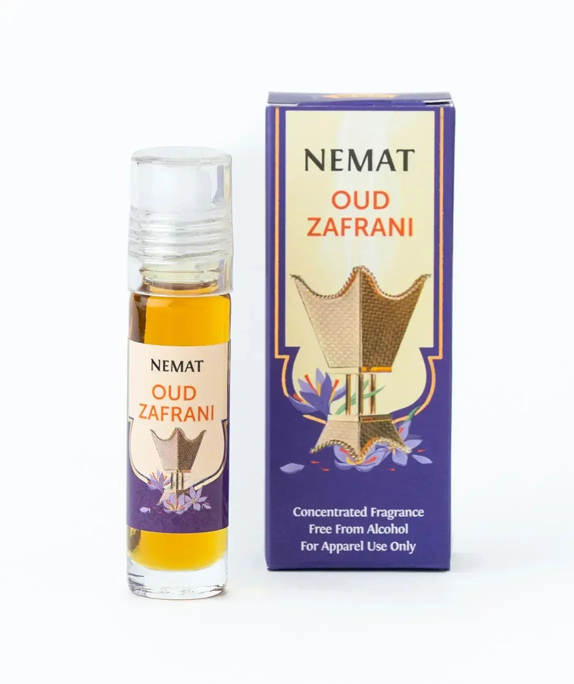 Oud Zafrani concentrated fragrance oil bottle and packaging, alcohol-free, for apparel use