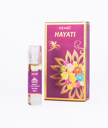 Hayati perfume spray 8ml bottle with purple and gold floral box packaging on white background