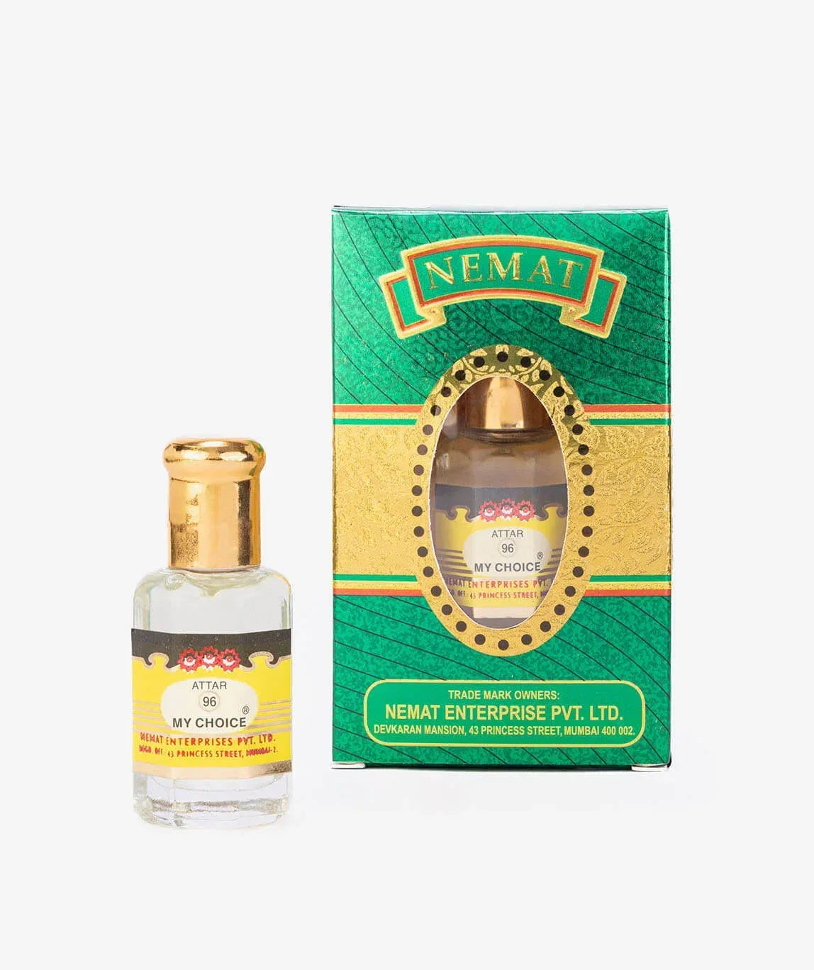 Attar fragrance bottle with gold cap next to green and gold packaging labeled My Choice 96.