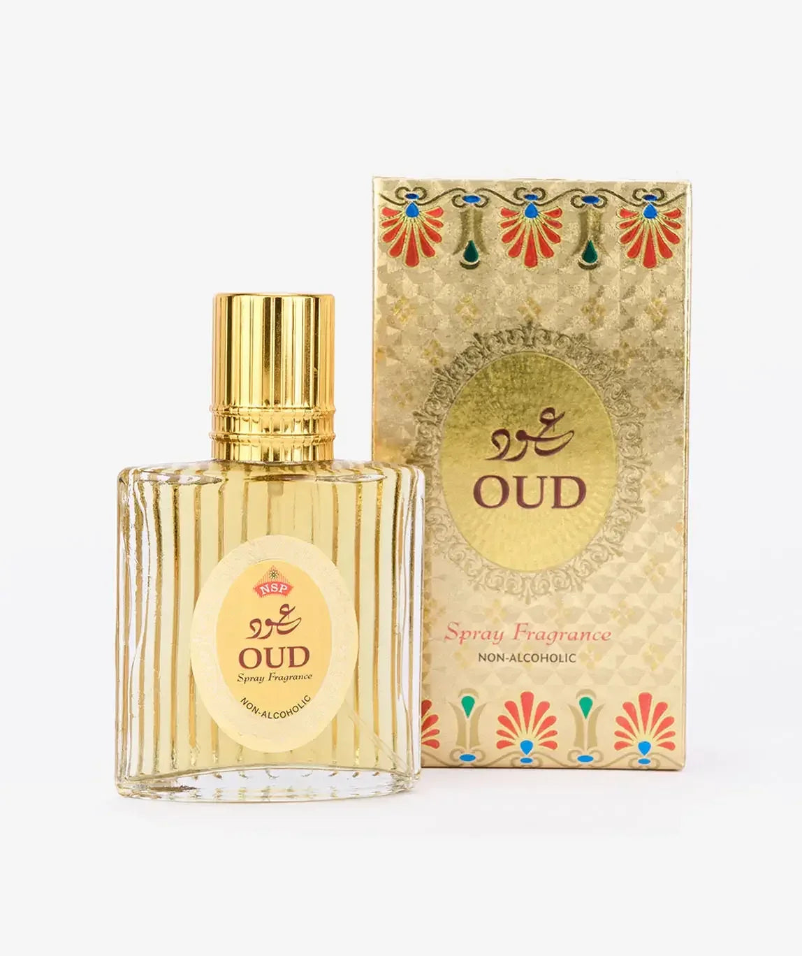 Oud non-alcoholic spray fragrance bottle with ornate gold packaging