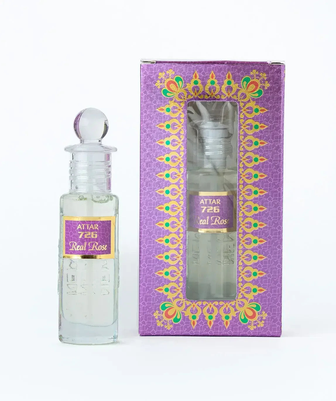 Attar 726 Real Rose perfume oil bottle with decorative purple box on white background